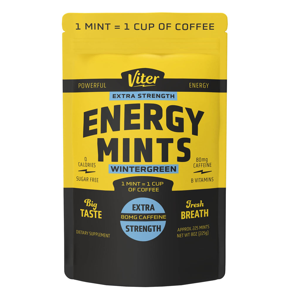 Viter Energy mints close-up showing 80mg caffeine for quick energy and focus.