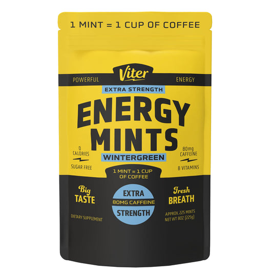 Viter Energy mints close-up showing 80mg caffeine for quick energy and focus.