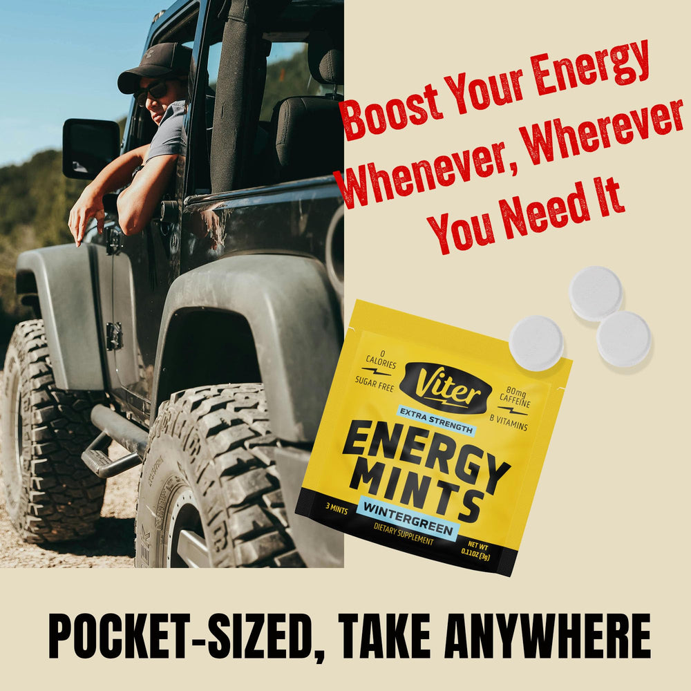 Viter Energy mints on desk illustrate focus-friendly caffeine option.