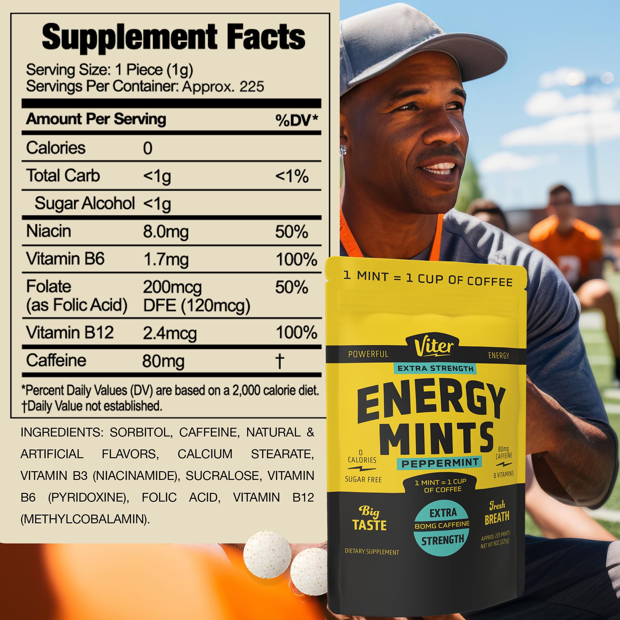 Viter Energy mints resealable bag for convenient, mess-free dosing