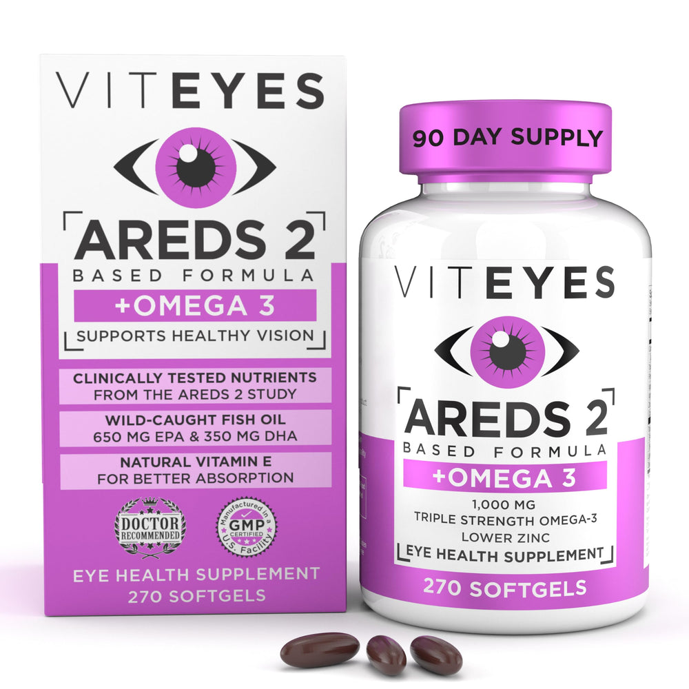 Viteyes AREDS 2 omega-3 softgels bottle for eye health support and macular wellness.