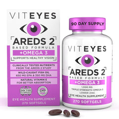 Viteyes AREDS 2 omega-3 softgels bottle for eye health support and macular wellness.
