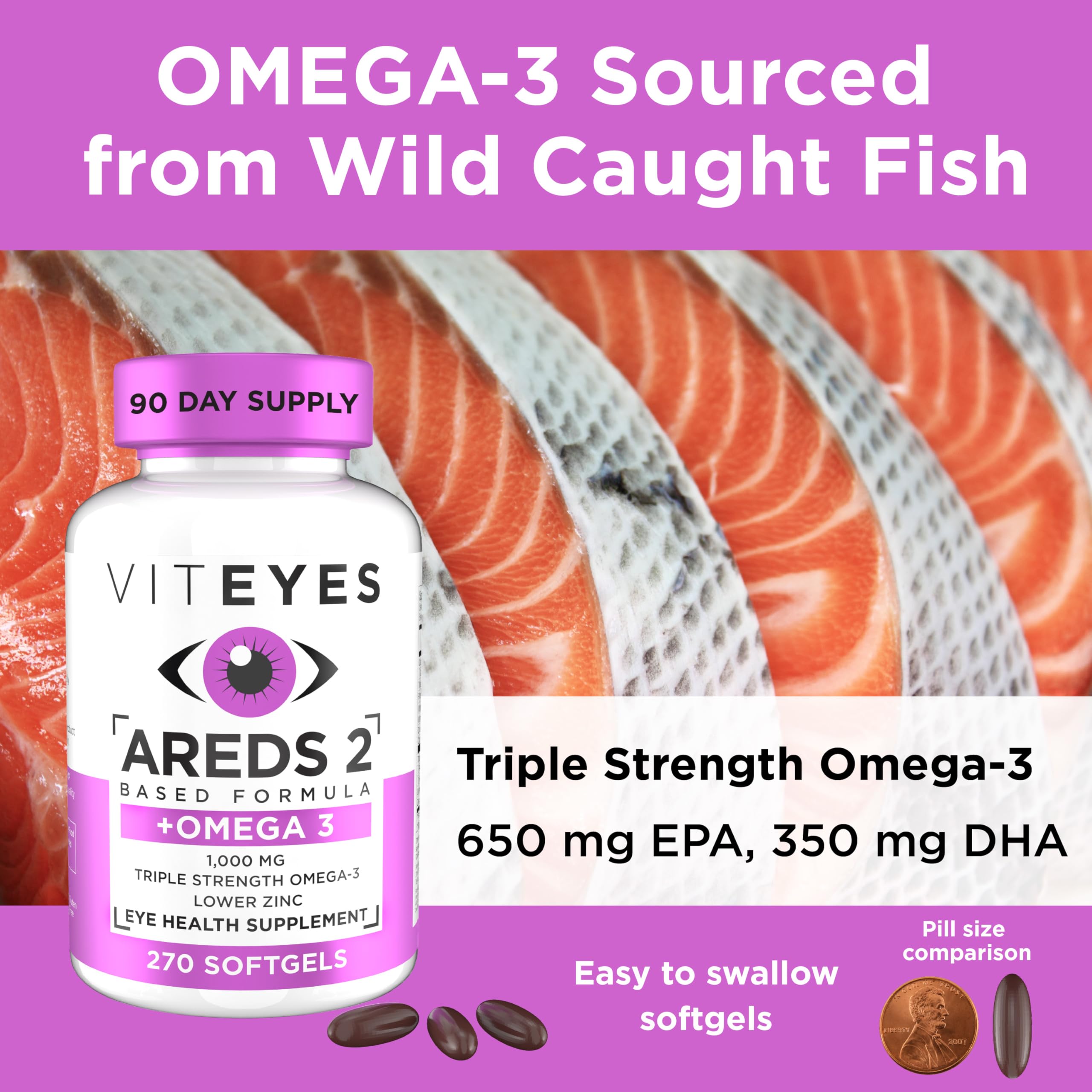Dosed daily capsules of Viteyes AREDS 2 omega-3 for macular support.