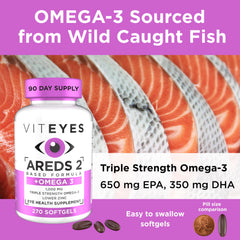 Dosed daily capsules of Viteyes AREDS 2 omega-3 for macular support.