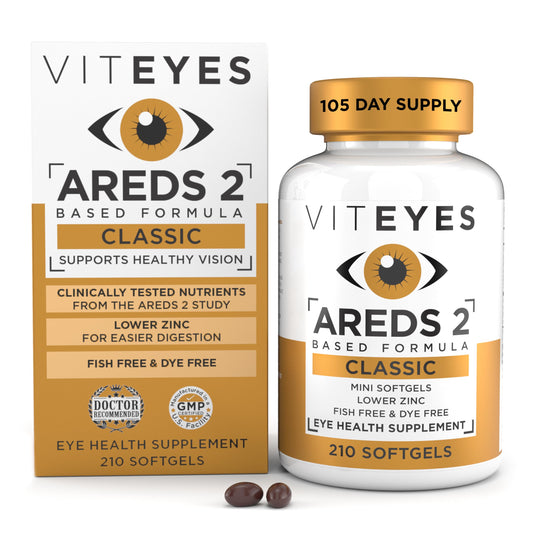 Viteyes AREDS 2 classic macular health softgels bottle closeup for daily eye support.