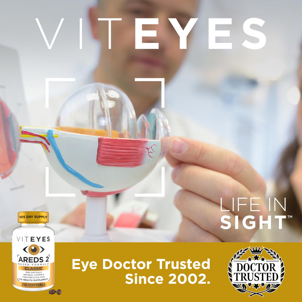 Viteyes AREDS 2 low-zinc-copper formula bottle designed for comfortable swallowing.