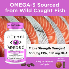 Viteyes AREDS2 Omega-3 softgels daily-dose packaging emphasizes easy use