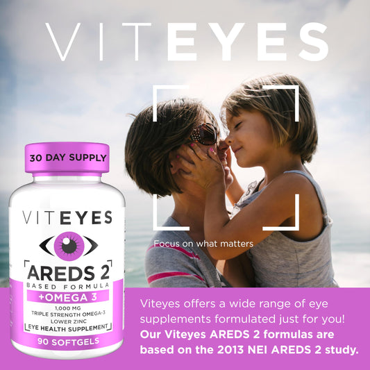 Viteyes AREDS2 Omega-3 softgels label highlights essential macular nutrients