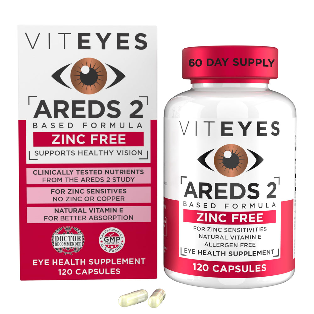 Viteyes AREDS 2 zinc-free capsules label highlighting copper-free formula.