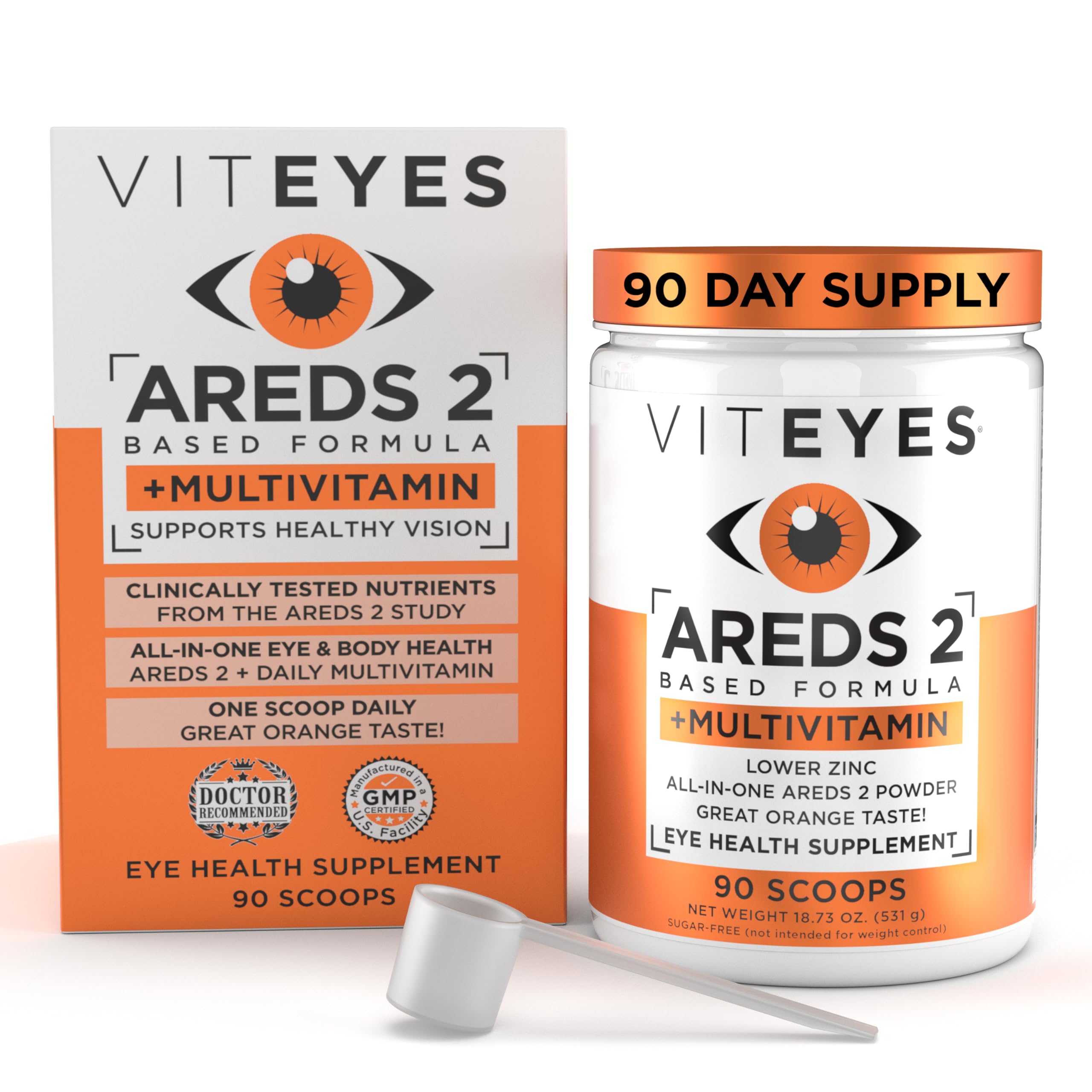 Viteyes AREDS2 powder bottle for daily eye health support.