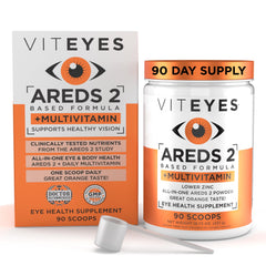 Viteyes AREDS2 powder bottle for daily eye health support.
