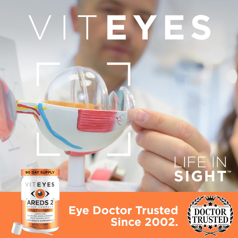 Viteyes AREDS2 powder label showcasing lutein and zeaxanthin nutrients.