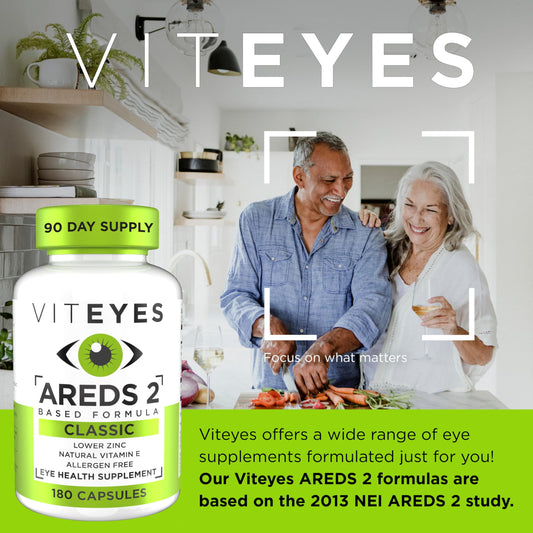 Viteyes AREDS2 capsules closeup highlighting small, easy-to-swallow eye vitamins.
