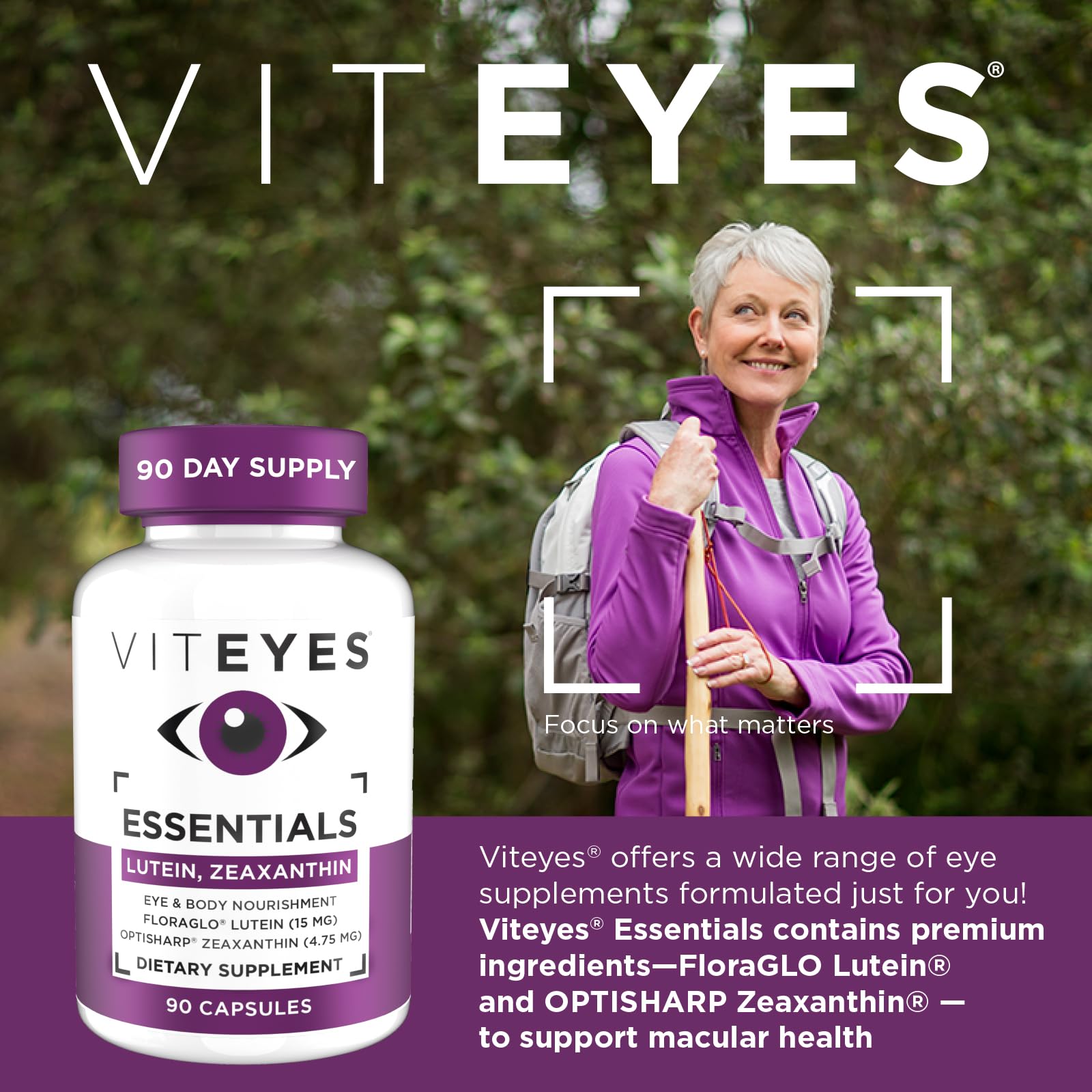 Viteyes Essentials capsule closeup showing lutein and zeaxanthin nutrients.