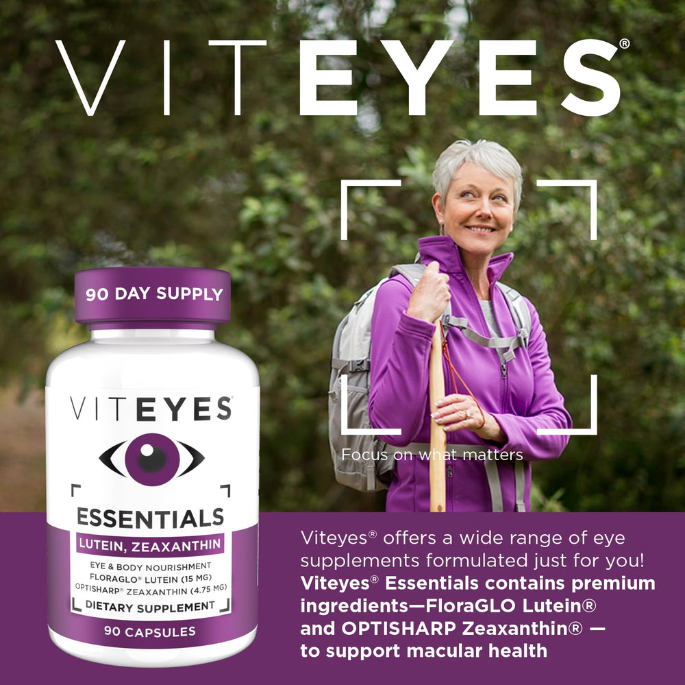 Viteyes Essentials capsule closeup showing lutein and zeaxanthin nutrients.