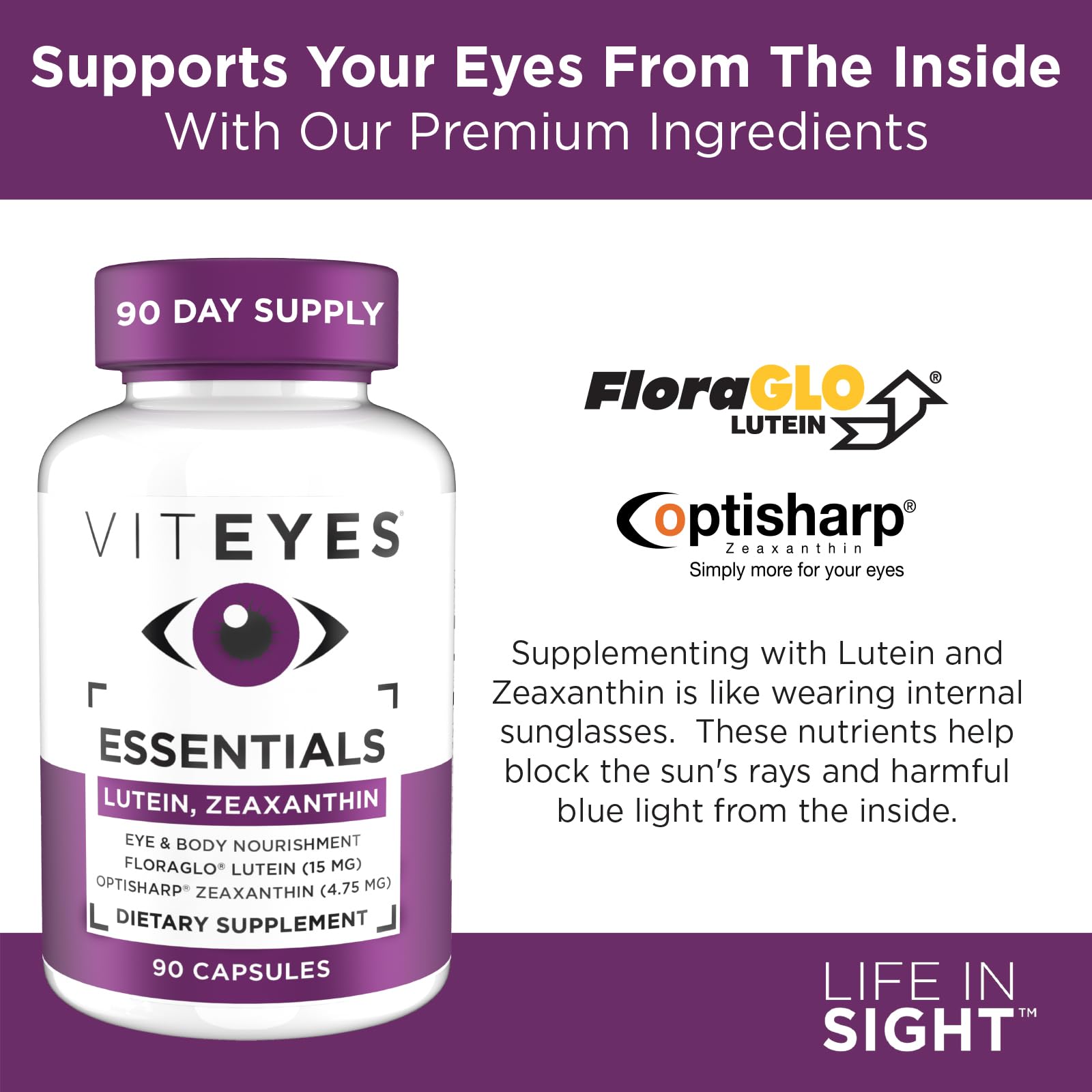 Viteyes Essentials OptiSharp zeaxanthin panel on package for high-quality formulation.