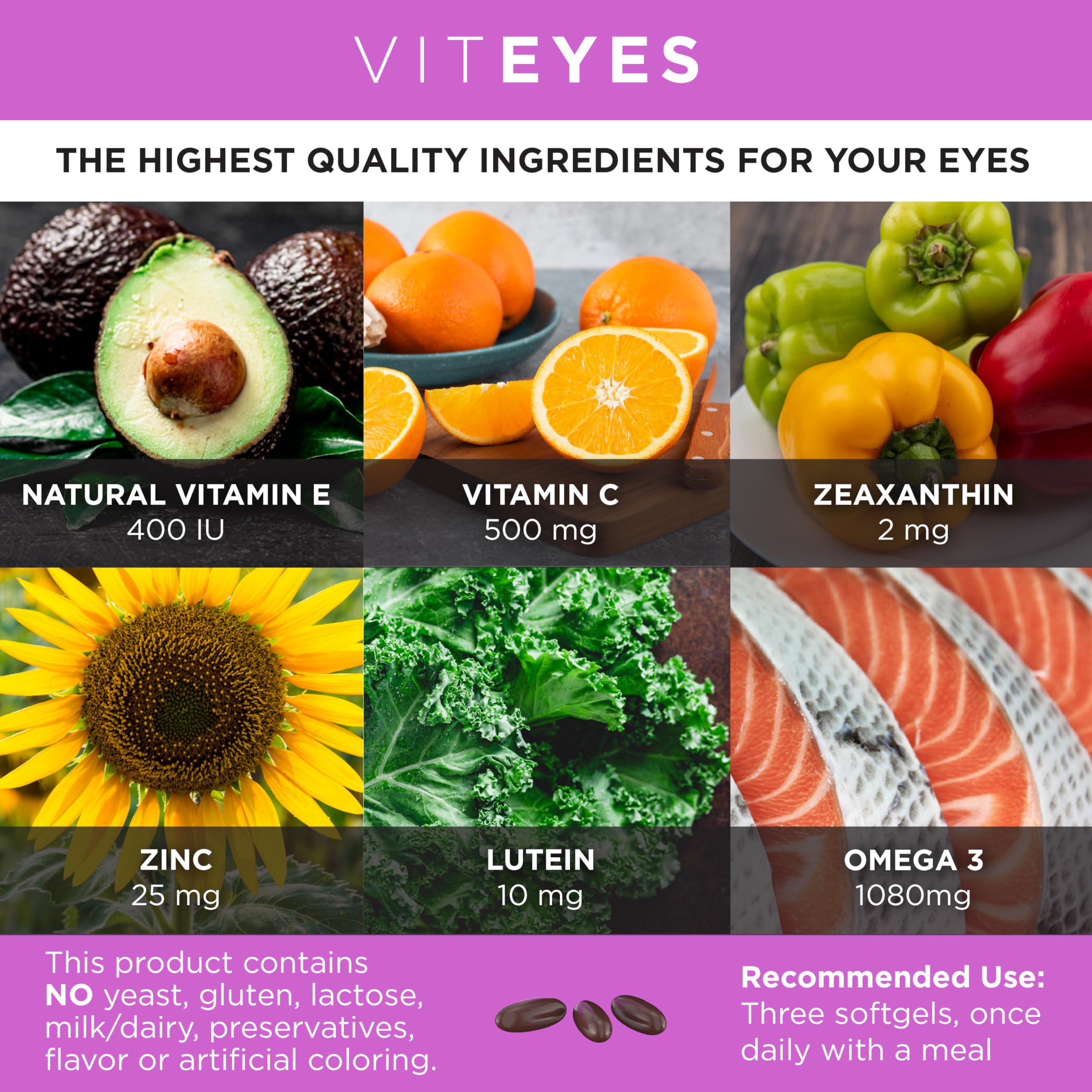Close-up of Viteyes omega-3 softgels emphasizing EPA and DHA support.
