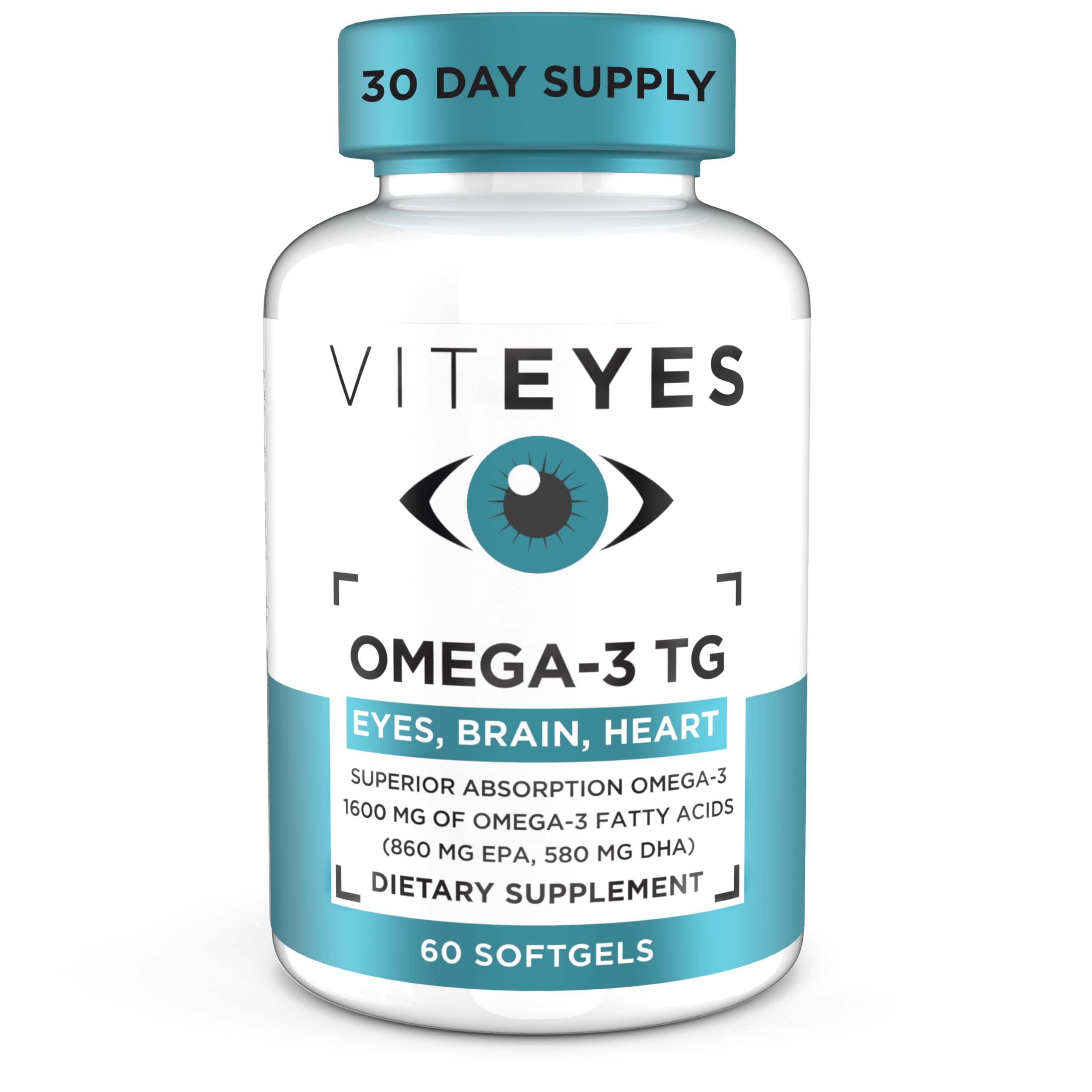 Viteyes Omega-3 TG softgels bottle highlighting eye and heart health support