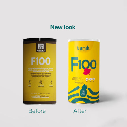 Vithani F100 high-fiber blend bottle showing wheat bran and flaxseed
