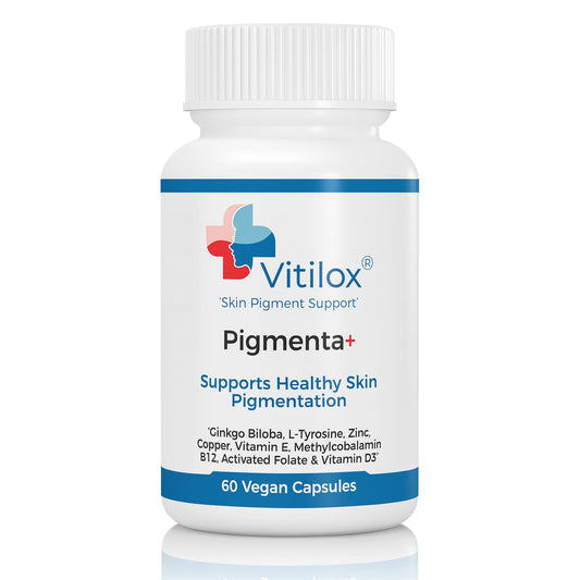 Vitilox Pigmenta+ bottle front supports healthy skin tone.