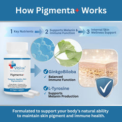 Vitilox Pigmenta+ capsules closeup highlights vegan pigmentation support.