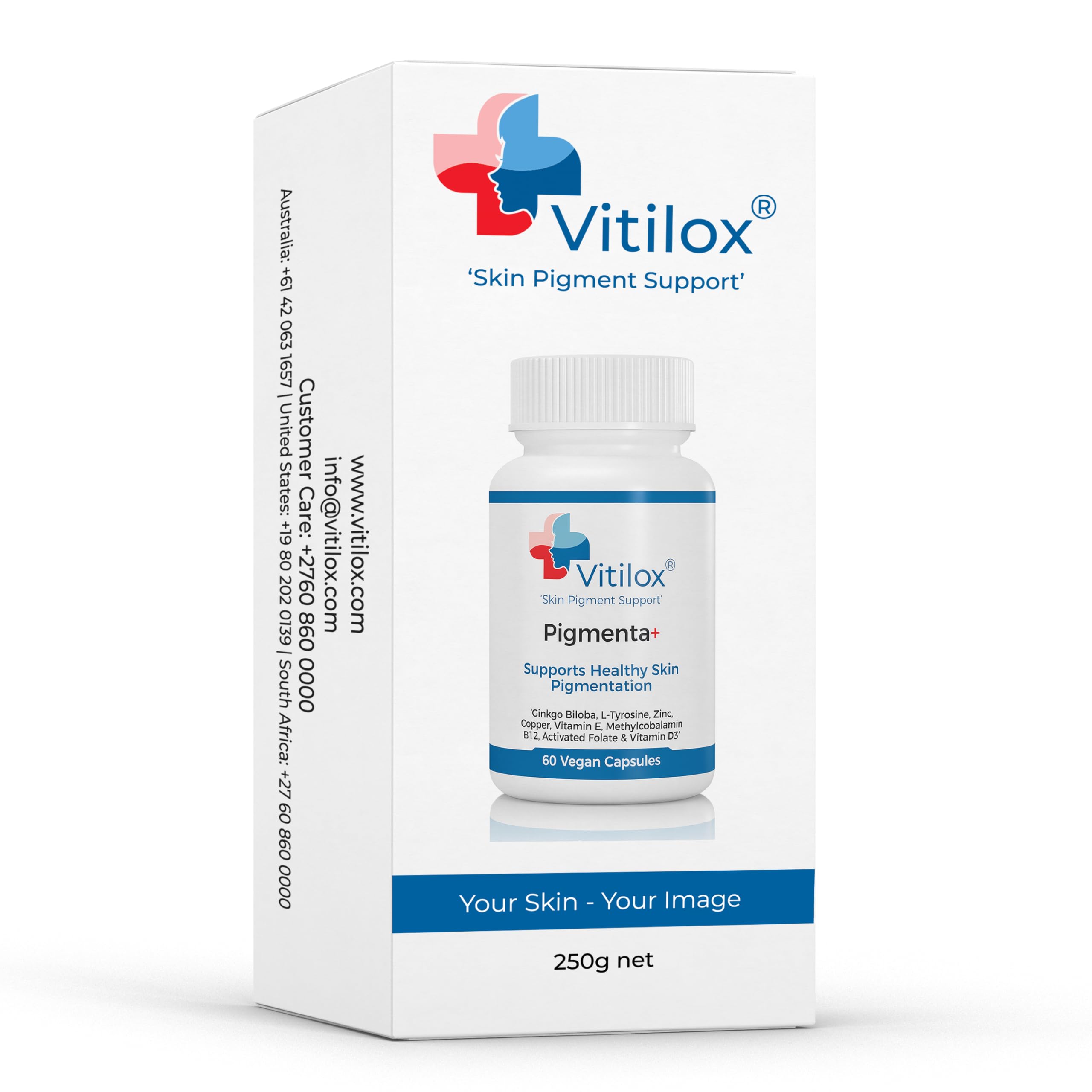 Vitilox Pigmenta+ GMP facility badge signals trusted manufacturing.