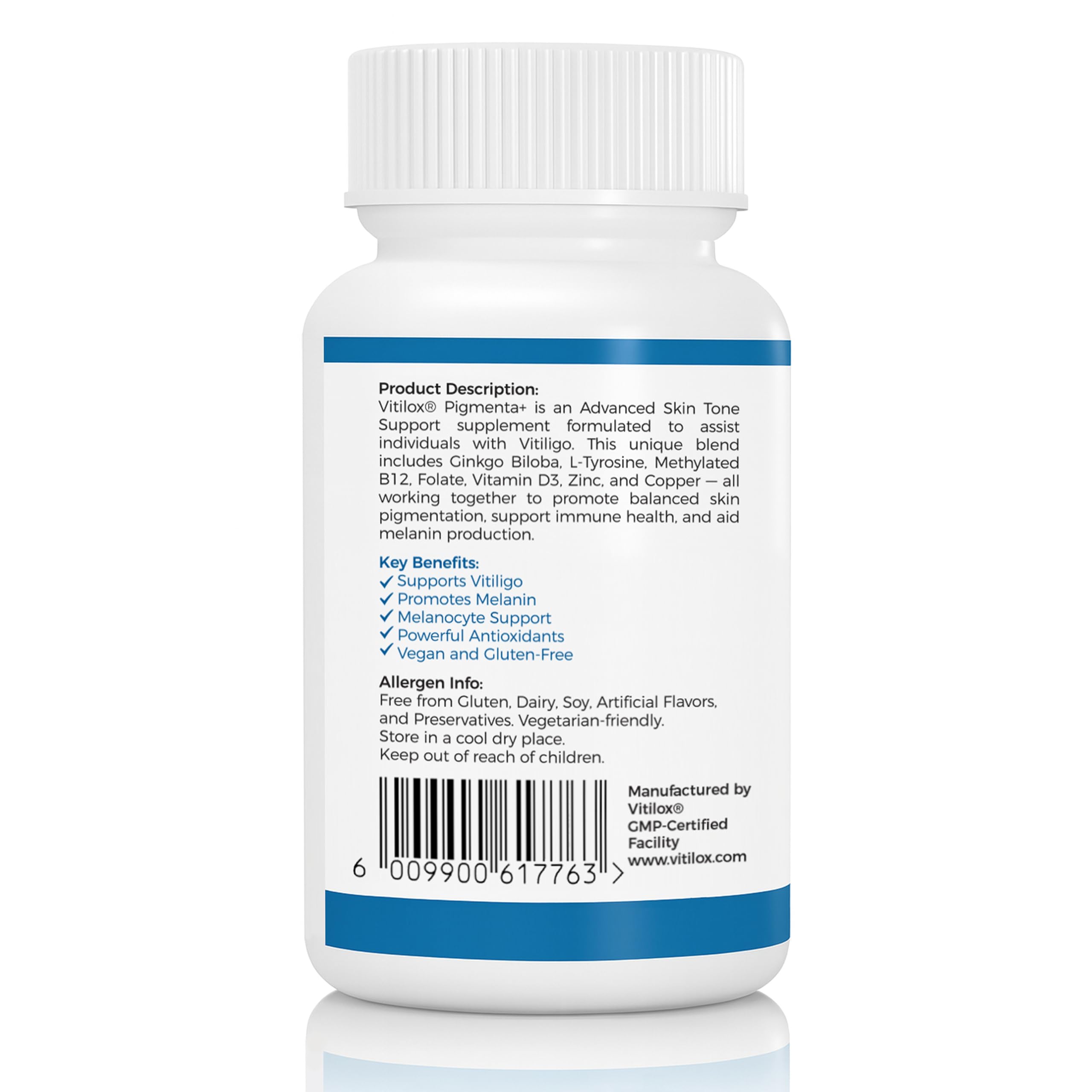 Vitilox Pigmenta+ label closeup emphasizes quality and safety.