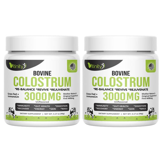 VITINITY grass-fed bovine colostrum powder bottle, premium daily wellness option.