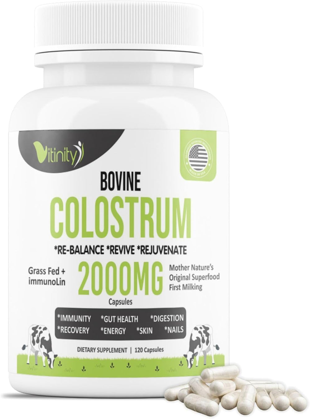 VITINITY grass-fed colostrum capsules bottle for gut wellness.