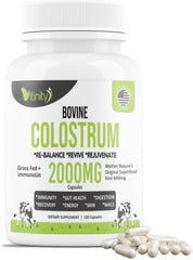 VITINITY grass-fed colostrum capsules bottle for gut wellness.