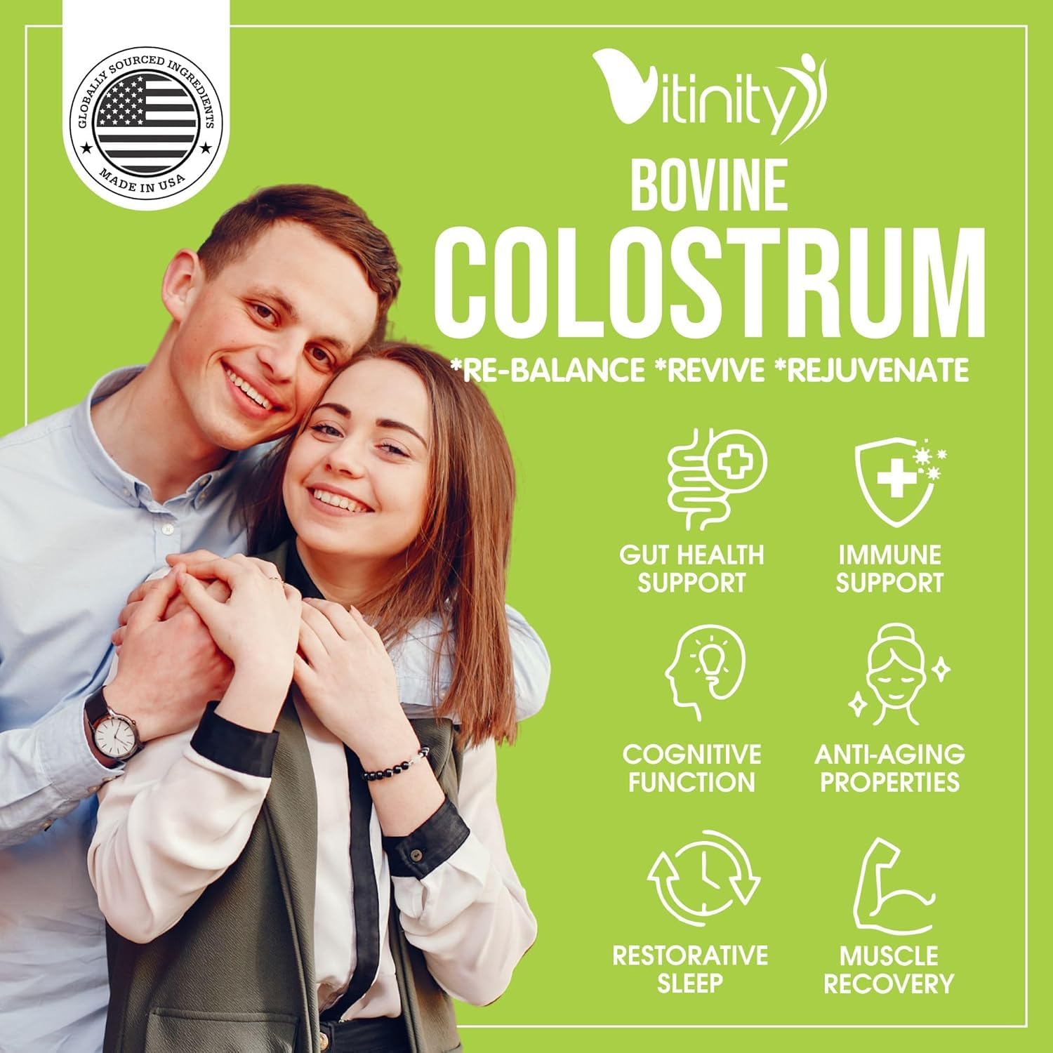 VITINITY grass-fed colostrum capsules on shelf for daily use.