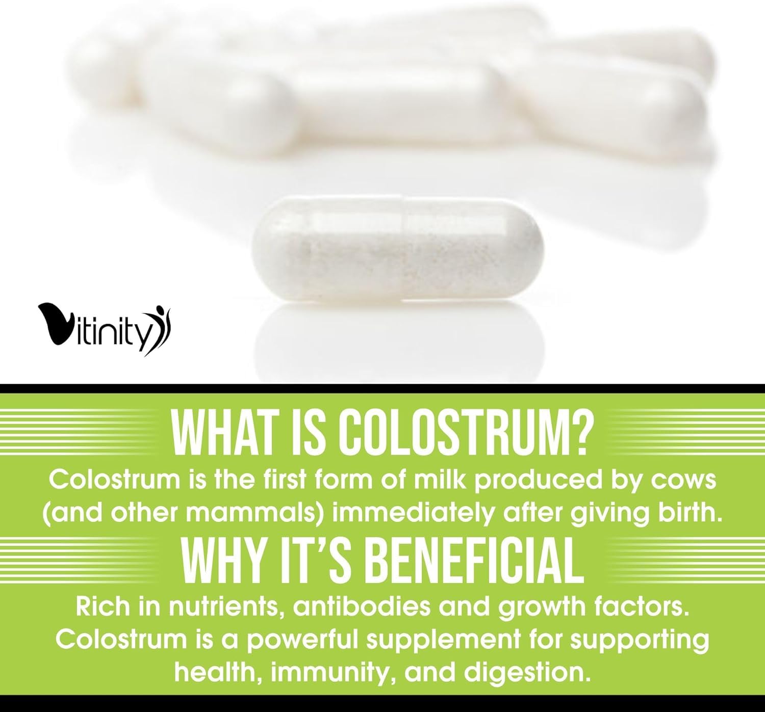 VITINITY grass-fed colostrum capsules on counter for healthy routine.