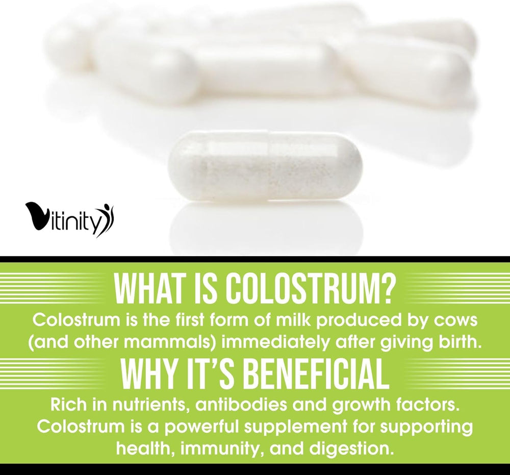 VITINITY grass-fed colostrum capsules on counter for healthy routine.