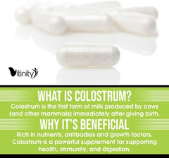 VITINITY grass-fed colostrum capsules on counter for healthy routine.