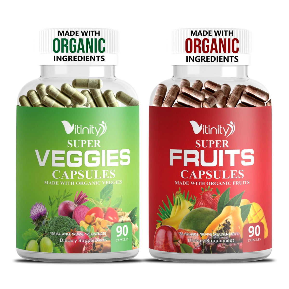 Vitinity organic fruits and veggies capsules in bottle for daily vitality.