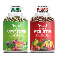 Vitinity organic fruits and veggies capsules in bottle for daily vitality.