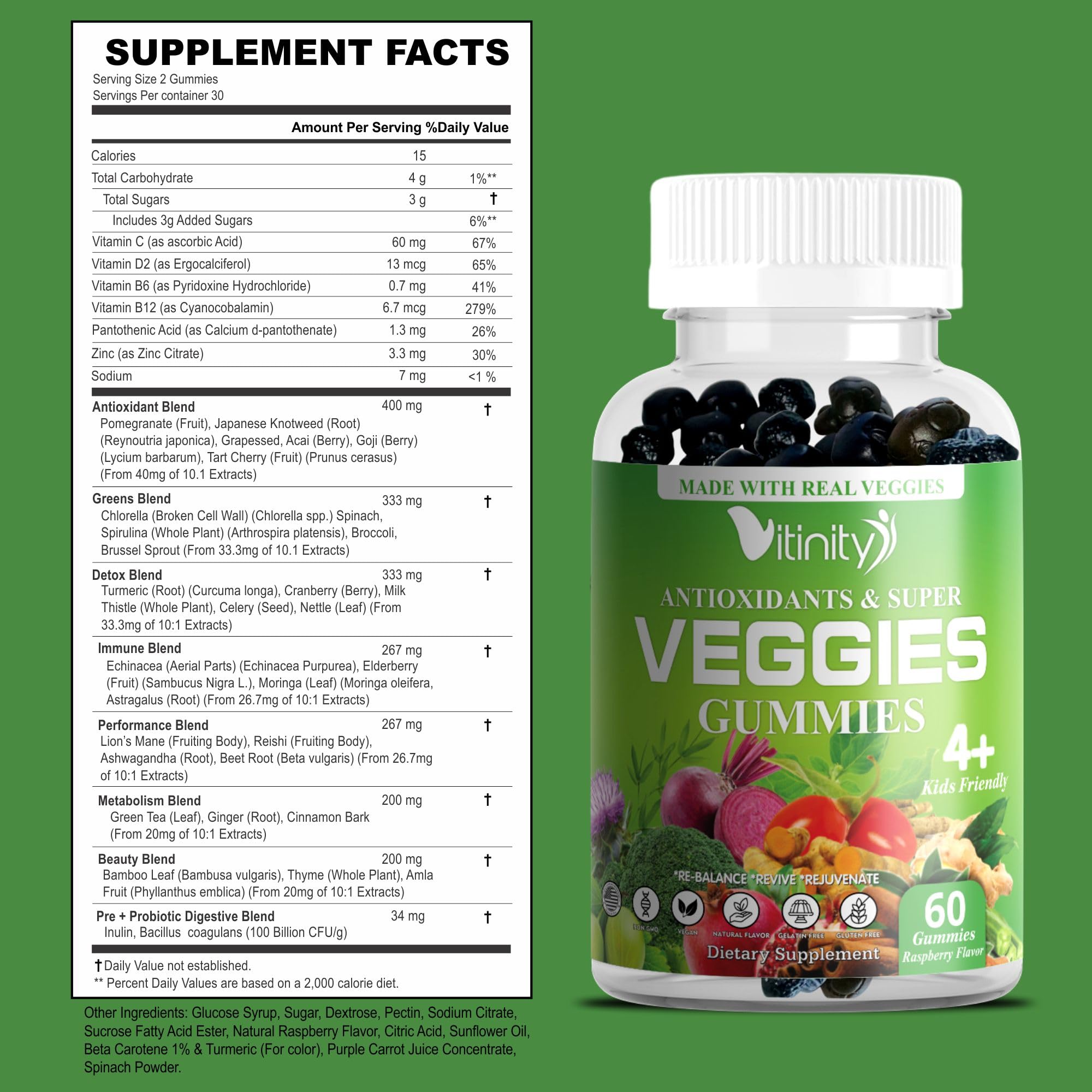 VITINITY gummies close-up shows real fruits and greens.