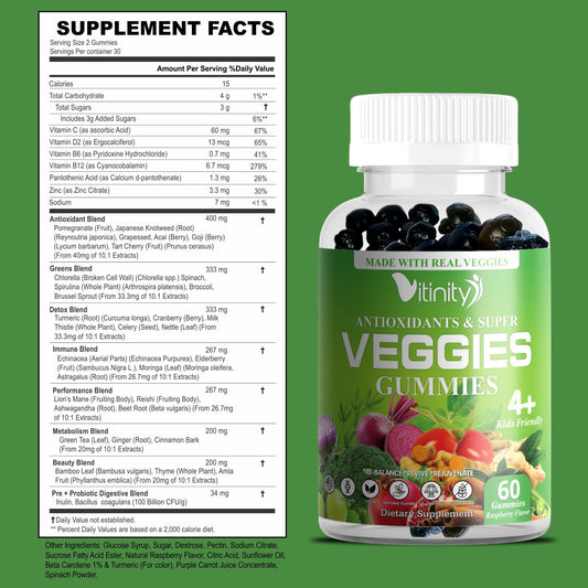 VITINITY gummies close-up shows real fruits and greens.