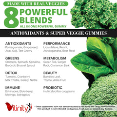 VITINITY Super Greens ingredients panel highlights digestion and detox support.