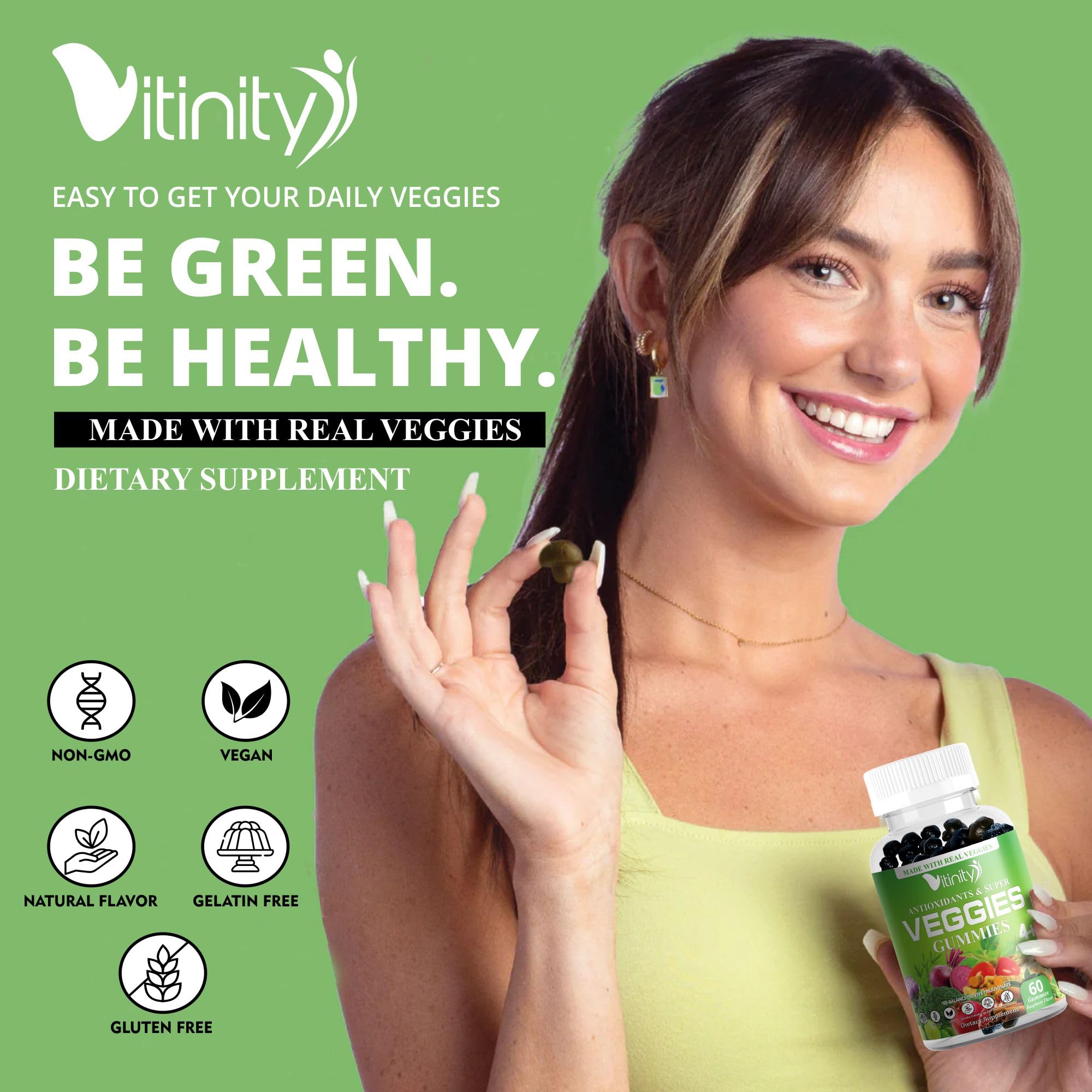 VITINITY Super Greens label close-up emphasizes sugar-free and non-GMO assurance.
