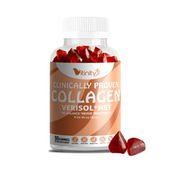 VITINITY Verisol HST+HA gummies bottle showing collagen support for skin and hair.