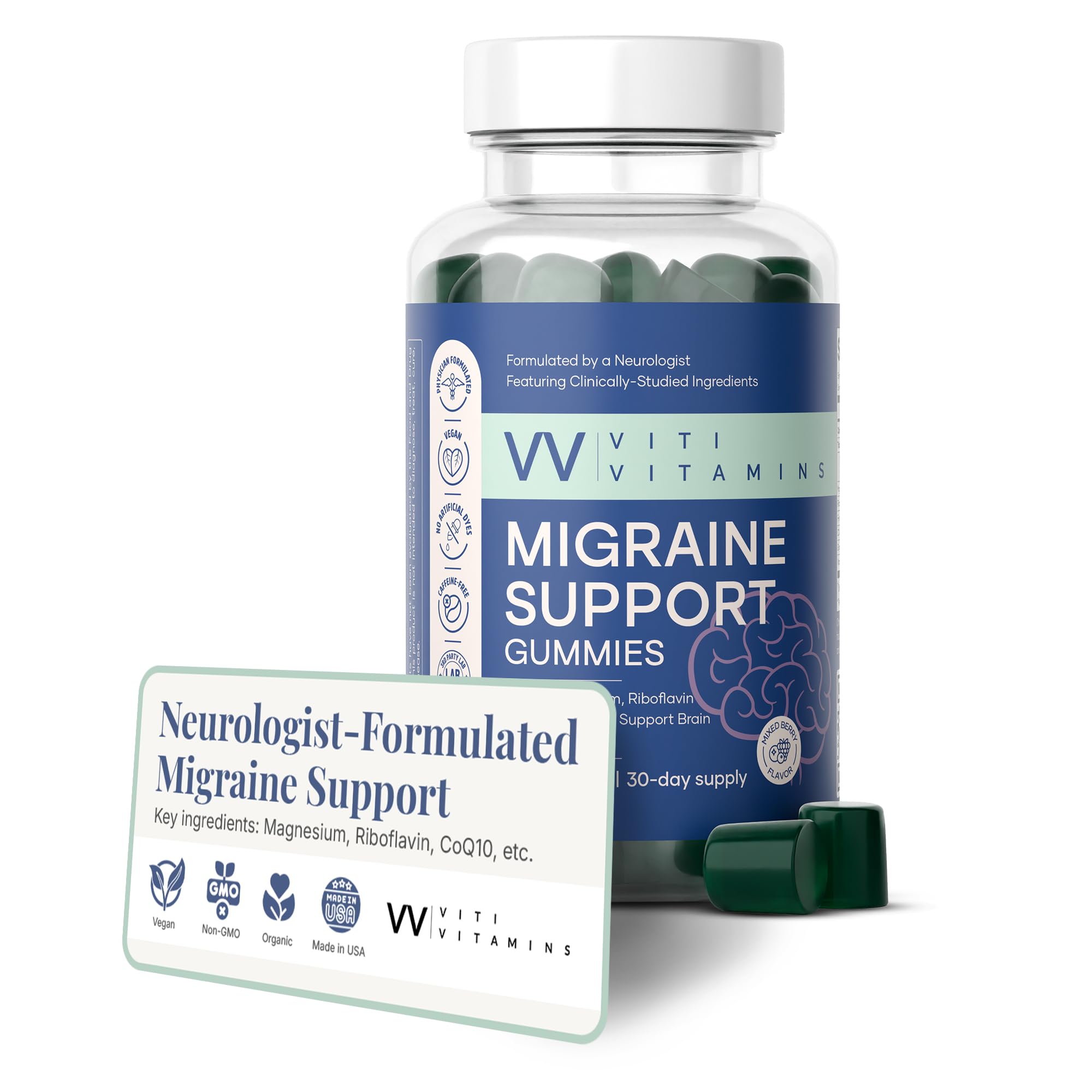 Viti Vitamins Migraine Gummy facility seal signals quality manufacturing.