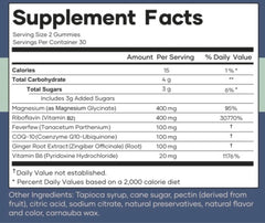 Viti Vitamins Migraine Gummy nutrition panel highlighting 6-in-1 formula benefits.