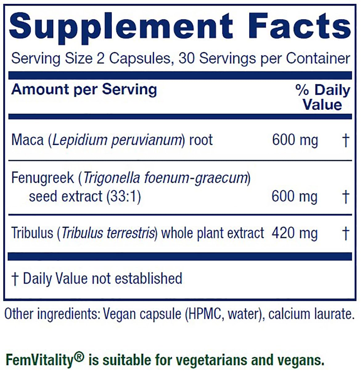 Vitanica FemVitality bottle back with ingredient highlights and usage notes