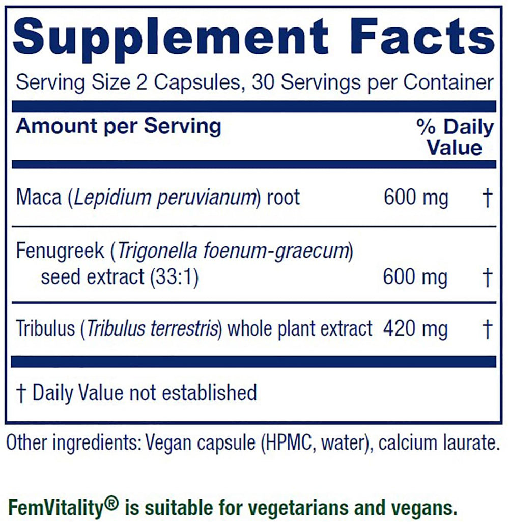 Vitanica FemVitality bottle back with ingredient highlights and usage notes
