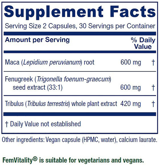 Vitanica FemVitality bottle back with ingredient highlights and usage notes