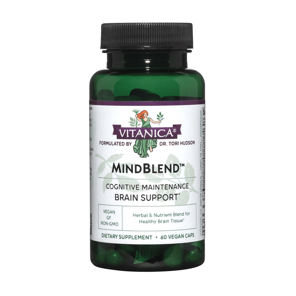 Vitanica MindBlend brain-support bottle with easy-to-swallow capsules for daily wellness.