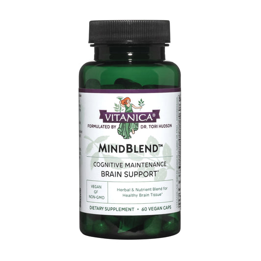 Vitanica MindBlend brain-support bottle with easy-to-swallow capsules for daily wellness.
