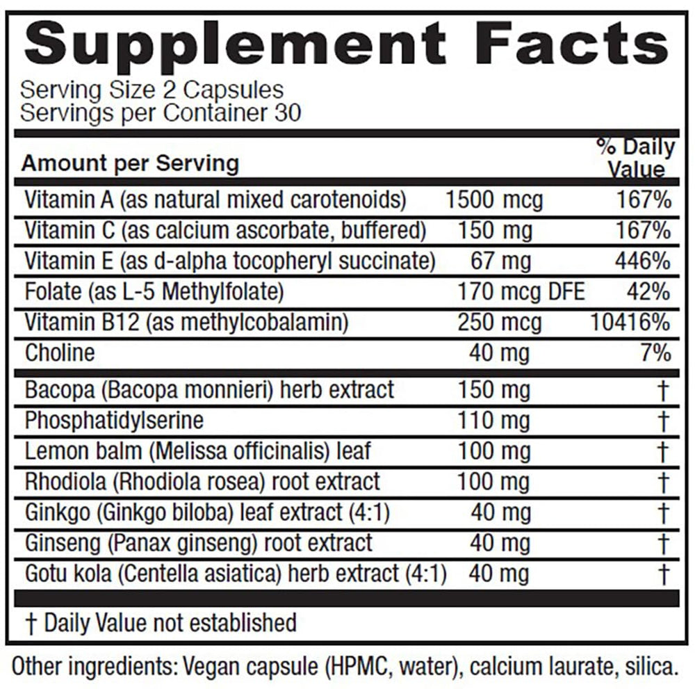 Vitanica MindBlend capsules closeup highlighting vegan formulation for brain health.