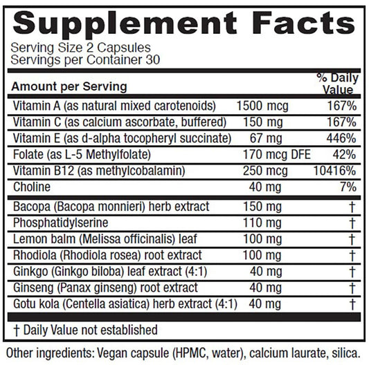 Vitanica MindBlend capsules closeup highlighting vegan formulation for brain health.